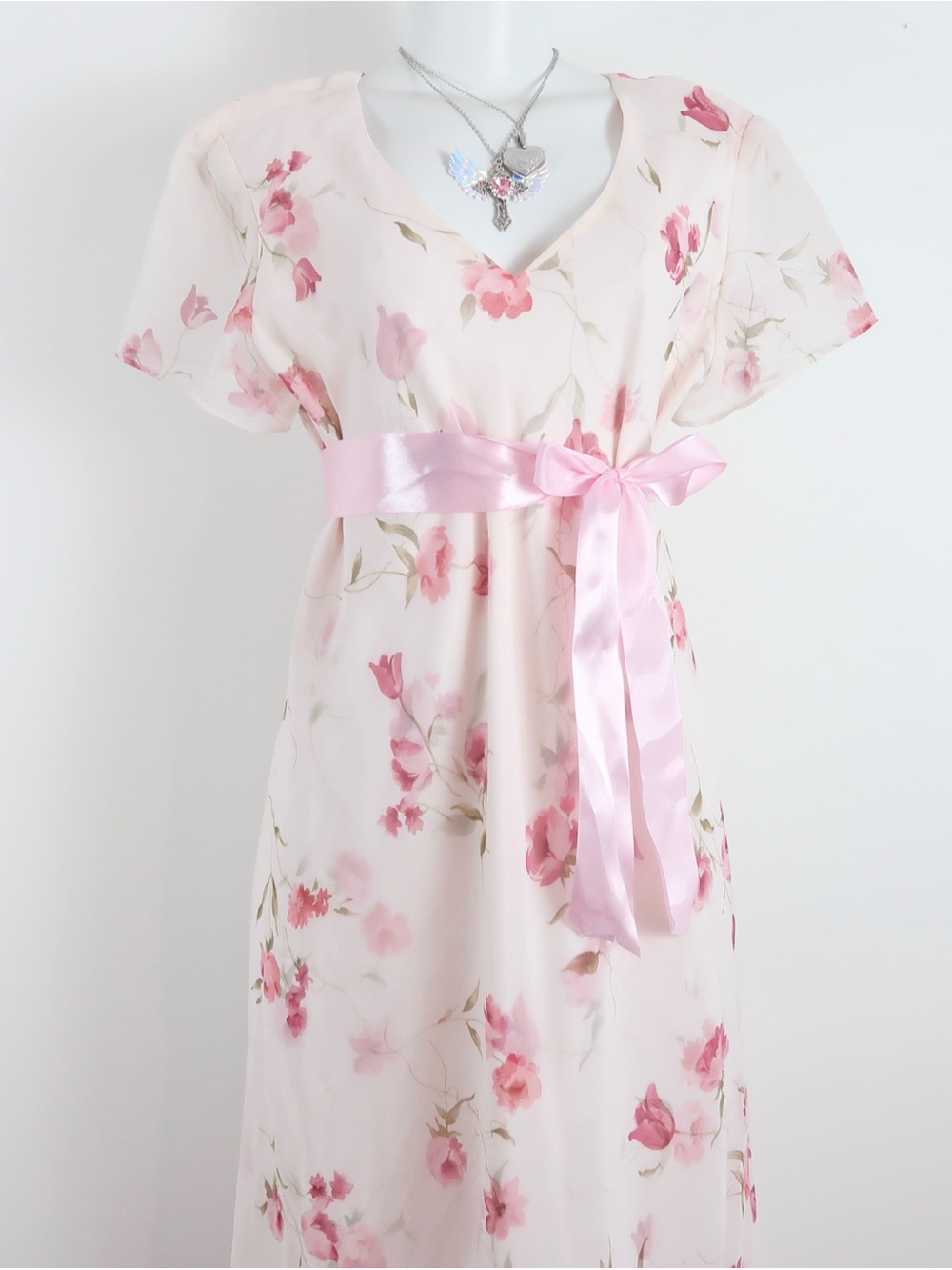 90s Positive Attitude Pale Pink Floral Maxi Dress with Satin Waist Tie